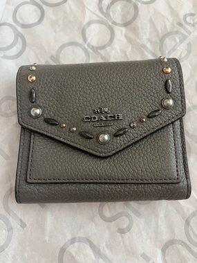 Coach Gray Pebbled Leather Studded Bifold Wallet